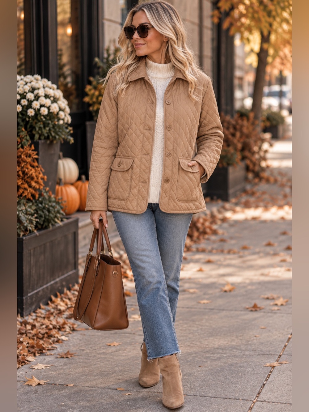 St. John’s Bay Women’s Tan Diamond Quilted Jacket Size Medium Classic Fall Coat